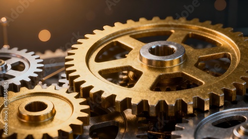 3D rendering of an abstract business and finance background. Interlocking gear mechanisms symbolize synergy, processes, and precise financial systems. Warm lighting against a dark background.