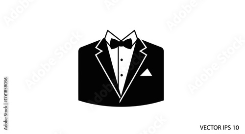 Elegant Black Tuxedo with Bow Tie and Pocket Square Icon.