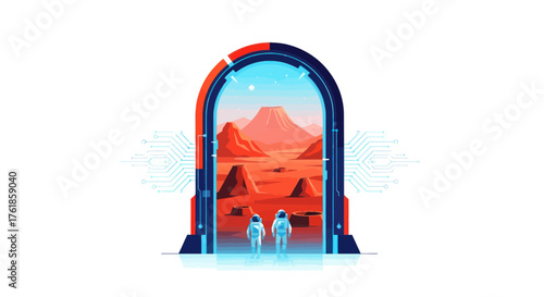 Astronauts Entering a Mars Portal with Red Planet Landscape.