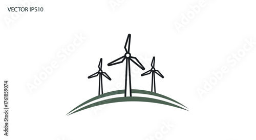 Three stylized wind turbines on a curved green landscape.