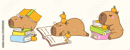 Cute Sleeping Capybara Reading Book Banner, Animal Bookish Cartoon Hand Drawn Illustration Set