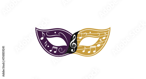 Stylized Purple and Gold Masquerade Mask with Musical Notes and Treble Clef Design.