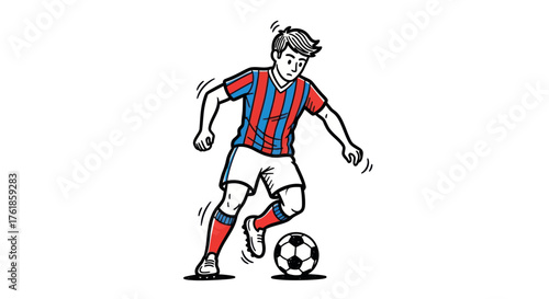 Young male soccer player dribbling a ball in a striped jersey and shorts.