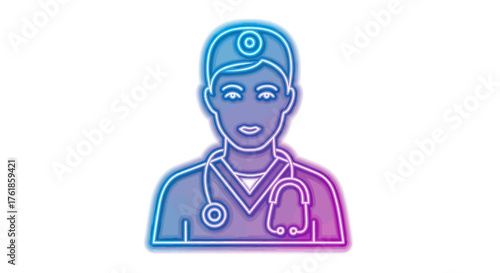 Neon Doctor Icon with Stethoscope and Headwear Blue Purple Glow.