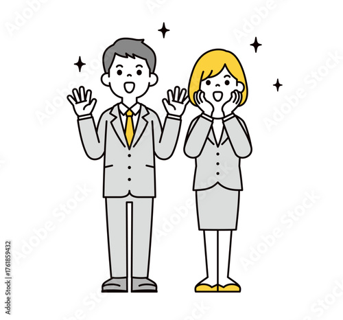 嬉しい出来事に感動する、20代・30代のビジネスマンとOLの全身ベクターイラスト素材セット