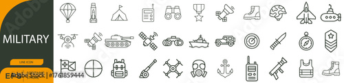 Military Icon Set – Symbols of Tactical Gear, Defense Equipment, and Armed Forces Operations