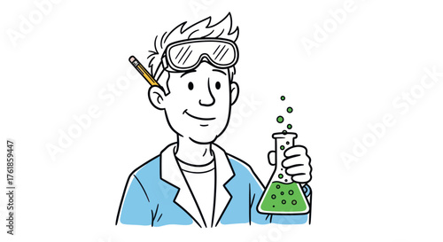 Cartoon Scientist Holding a Green Liquid Filled Erlenmeyer Flask.