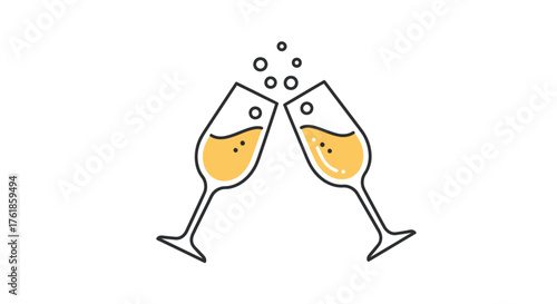 Two champagne flutes clinking with bubbly golden liquid and rising bubbles.