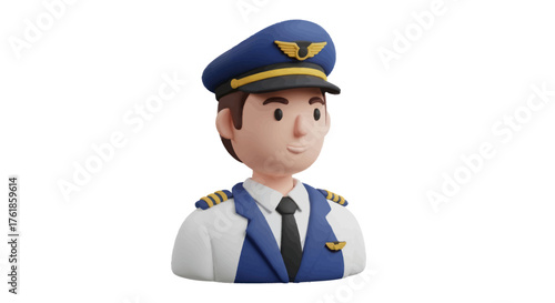 Cartoon Pilot Character in Uniform with Wings Emblem.