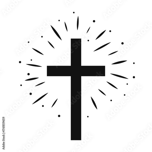 Christian cross with radiance. Sign of the cross with sunbeams. Vector symbol isolated on white background.