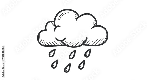 Hand-drawn cloud with raindrops simple weather illustration.
