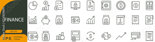 Finance Icon Set – Symbols of Money Management, Investment Tools, and Financial Growth