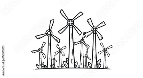 Hand-drawn sketch of multiple wind turbines for renewable energy generation.