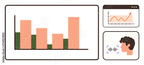 Bar chart and rising graph on screens paired with voice recognition interface, symbolizing progress. Ideal for analytics, business, finance, AI, technology, productivity communication. Simple flat
