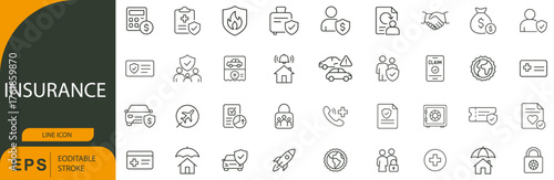 Insurance Icon Collection – Symbols of Financial Protection, Risk Coverage, and Secure Services