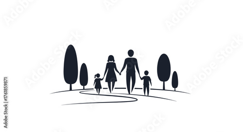 Happy family walking together in park silhouette icon.