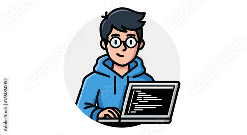 Cartoon Programmer Man with Glasses and Blue Hoodie Coding on Laptop.