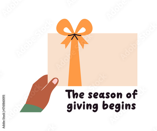 The Season of Giving Festive Gift vector Illustration with Hand and Ribbon