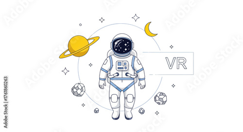 Line art illustration of an astronaut in a virtual reality space simulation with planets and stars.