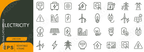 Electricity Line Icon Set – Symbols of Power Generation, Energy Systems, and Electrical Safety