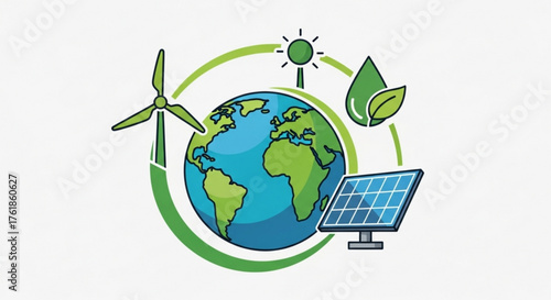 Illustration of earth with wind turbine, solar panel, and water drop, representing renewable energy and environmental sustainability
