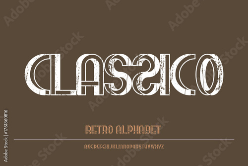 Font classico ornate alphabet: an elegant old west alphabet with grunge elements and engraved lines. Good for t-shirt artwork, tattoo parlor logos, circus, carnival and rodeo graphics, etc. 