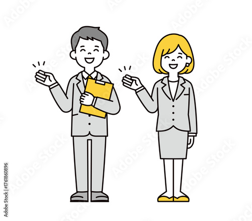 資料を持って紹介する、20代・30代の会社員の男性と女性の全身ベクターイラスト素材セット