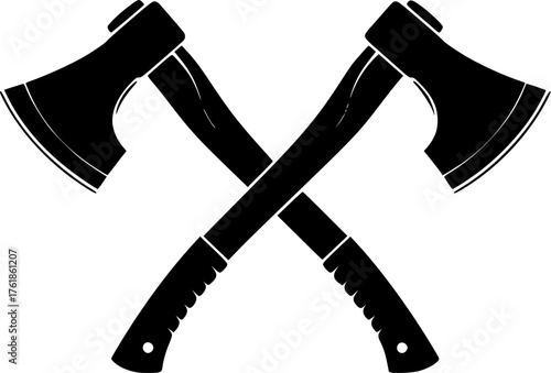 Crossed axes silhouette. This image shows two black axes crossed at their handles, forming an X shape, also known as crossed hatchets or battle axes. Vector clipart illustration design