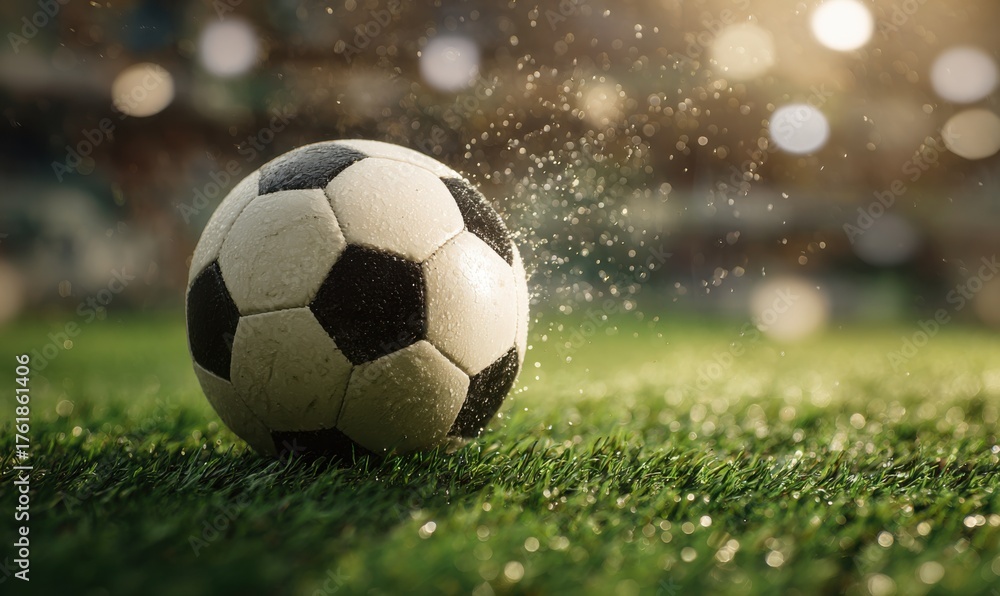 Fototapeta premium Soccer ball on green grass field with bokeh background.