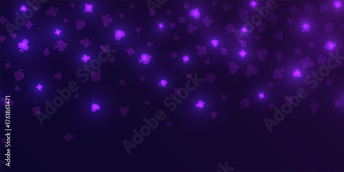 Casino background. Flying purple glowing playing cards on black background. Sparkling hearts, clubs, diamonds and spades on dark. Online gambling concept. VIP abstract vector illustration.