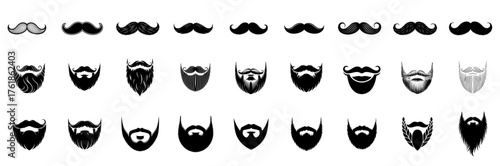 mustache and beard glyph icon set with various facial hairs , black vector illustrations for barber shop 