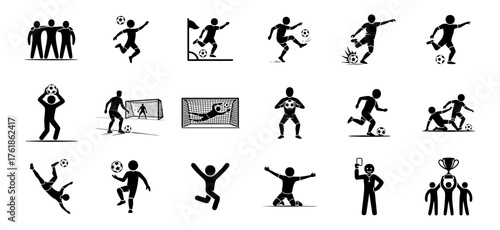 soccer player glyph icon set with kicking, scoring and goalkeeper symbols, pictograms vector illustrations for football and sports activities