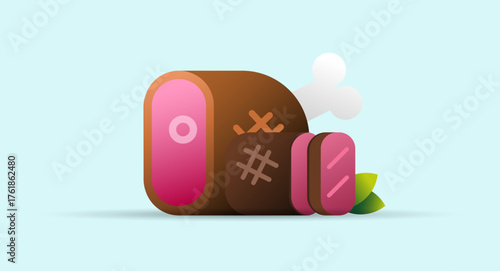 Clean flat vector illustration of a sliced ham with bone. Perfect for food branding, butcher shop graphics, or cooking blogs.