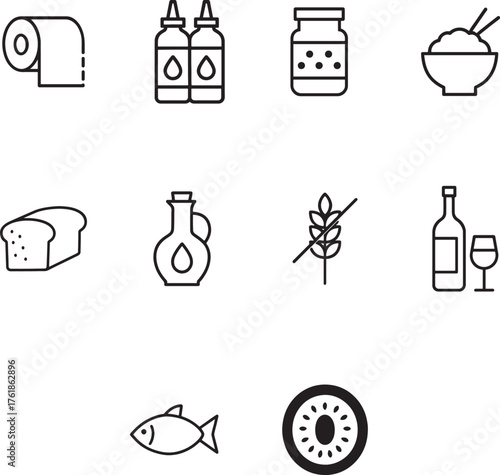 Grocery Shopping, Food, and Supermarket Line Icons