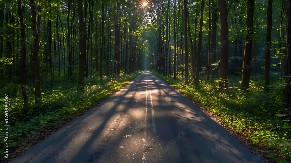 Fototapeta premium Sunlit Road Through a Green Forest: Scenic Nature Landscape on Asphalt Path, Peaceful Route