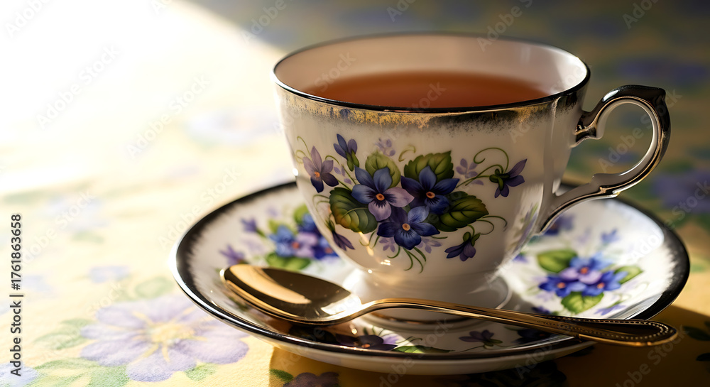 Fototapeta premium Delicate floral teacup filled with amber tea and golden spoon on saucer image