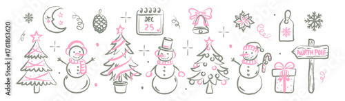 Hand drawn pastel pink and gray Christmas doodle set. Cute festive winter elements including snowmen trees gifts and stars. Cozy sketch holiday illustration in chalk crayon style for decoration 