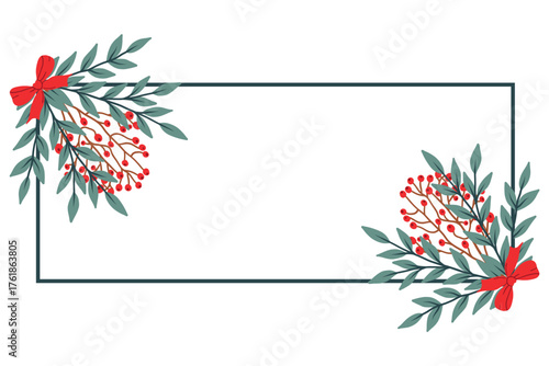 Rectangular frame decorated with leaves, berries, and pine branches. Vector illustration.