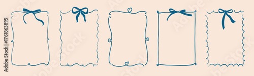 Whimsical menu frame with bow. Vintage ribbon border hand drawn sketch. Line art wedding valentine cute wavy design. Vector illustration