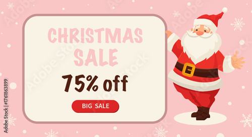 Christmas background with Santa Claus holding sale banner. Winter holiday new year cute character web design. Vector flat illustration