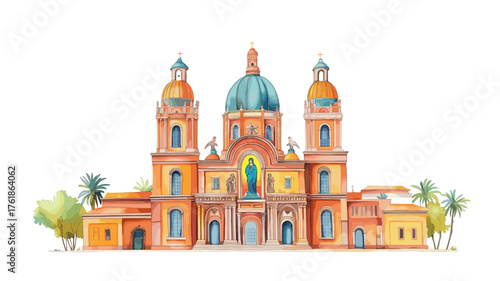 Basilica of Our Lady of Guadalupe. Basilica of Our Lady of Guadalupe hand drawn watercolor illustration