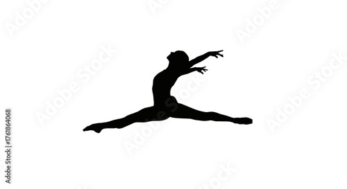 Dynamic silhouette of a dancer in mid leap, captured in an elegant, powerful split jump with outstretched arms conveying grace and athleticism.