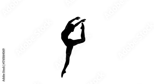 Dynamic silhouette of a flexible dancer performing an elegant arabesque pose against a clean white background, showcasing athletic grace and artistic expression