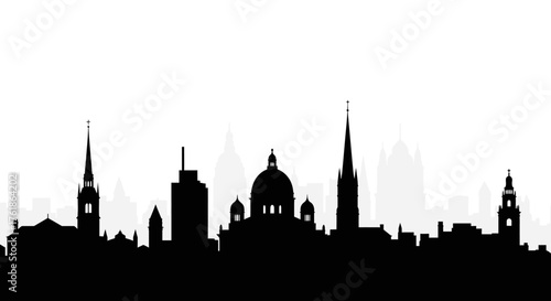 Striking black silhouette skyline of historic European city architecture with iconic churches and modern buildings against a white sky