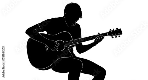 Passionate musician silhouetted playing acoustic guitar, capturing a moment of creative expression and musical artistry