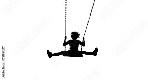 Joyful child silhouetted on swing set soaring through the air, embodying carefree childhood fun and exhilaration on a bright day.