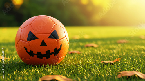 Orange soccer ball with carved jack o lantern face. Halloween sporting event concept for autumn celebration or festive game advertisement.