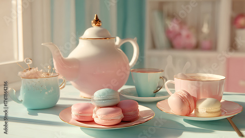 Tea Time: Pastel Teapot, Cups, and Macarons Arranged on a Wooden Table with Sunlight and Cozy Setting