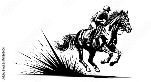 Dynamic black and white illustration of a horse and rider galloping powerfully, perfect for racing themes or equestrian designs with strong visual impact