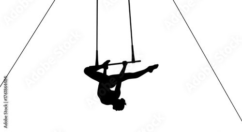 Dynamic silhouette of a trapeze artist performing aerial acrobatics with stunning grace and strength, perfect for fitness, circus, and entertainment promotions